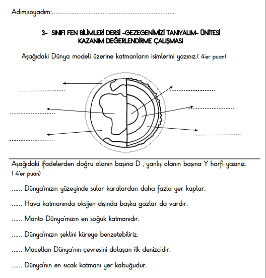 3. Sınıf Fen Bilimleri Gezegenimizi Tanıyalım Süreç Değerlendirme Sınavı