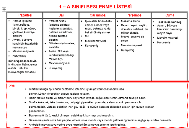 1. Sınıf Beslenme Listesi