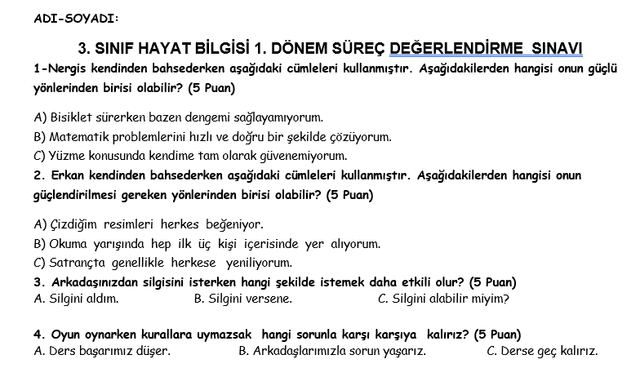 3.Sınıf Hayat Bilgisi 1. Dönem Süreç Değerlendirme Sınavı