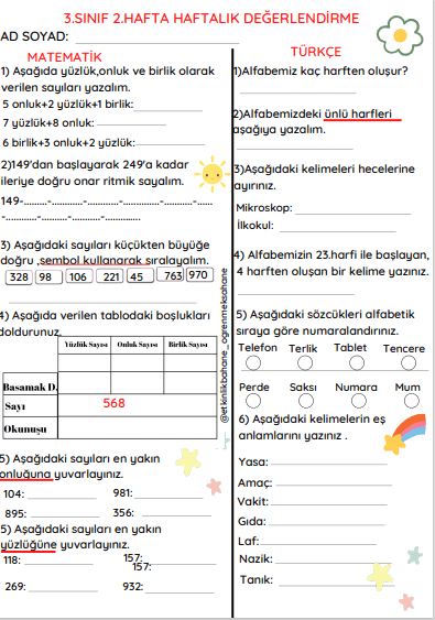 3. Sınıf Haftalık Değerlendirme 2. Hafta 