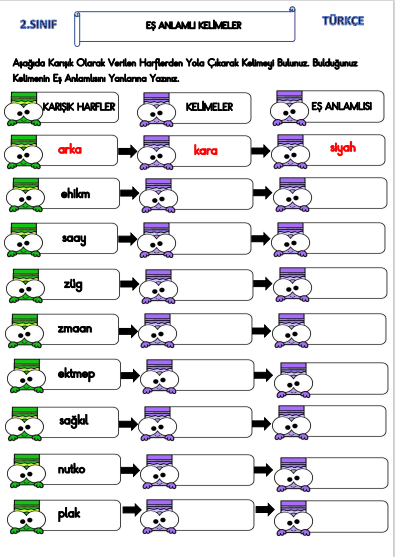 2. Sınıf Bulmacalı Eş Anlamlı Kelimeler Etkinliği