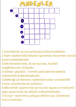 4. Sınıf Madenler Bulmacası 