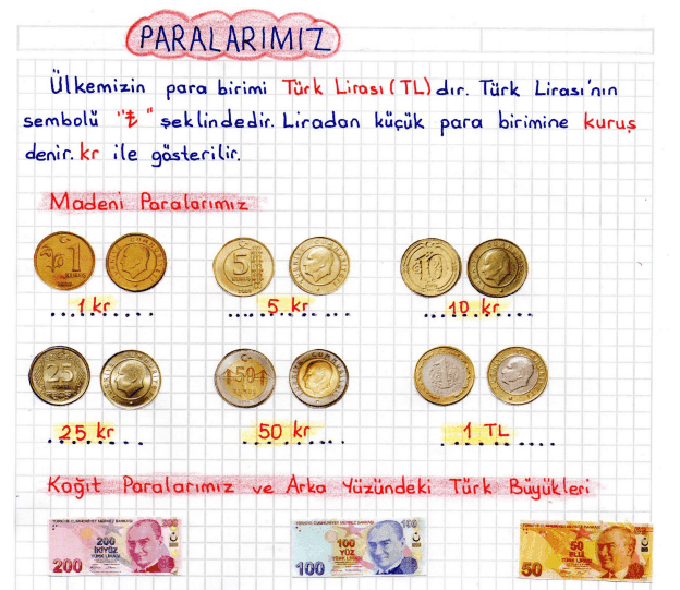 3. Sınıf Matematik Paralarımız Konu Anlatımı Defter Çalışması