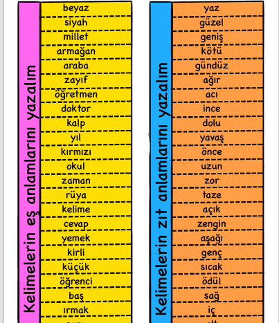 1. Sınıf Türkçe Eş Anlam Zıt Anlam İnteraktif Defter Etkinliği