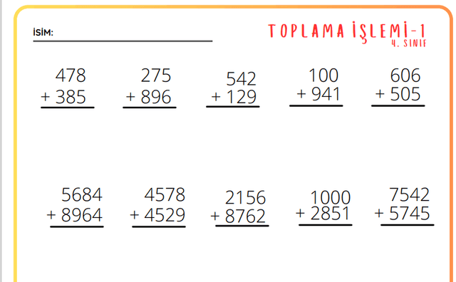 4. Sınıf Matematik Toplama İşlemi Çalışma Sayfası 