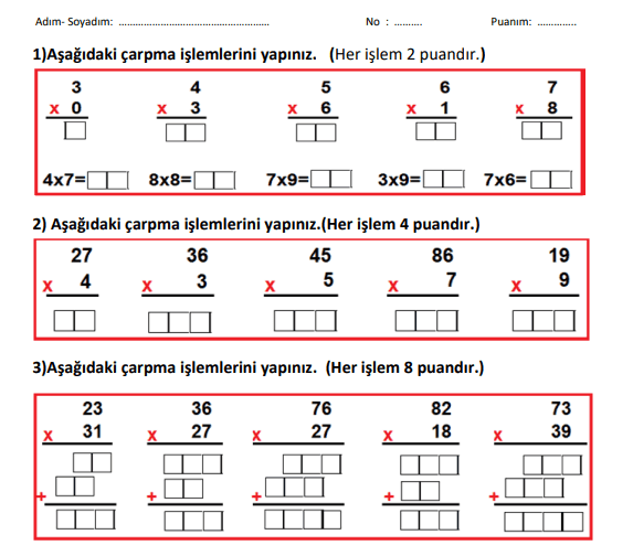 3. Sınıf Çarpma İşlemi Çalışma Sayfası 