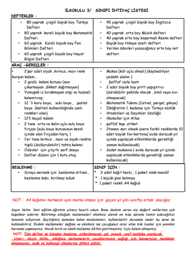 3. Sınıf Sene Başı  İhtiyaç Listesi 2024-2025