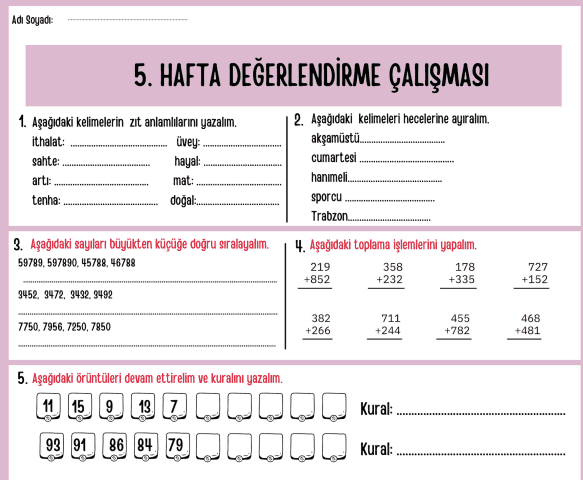 4. Sınıf 5. Hafta Degerlendirme Etkinliği