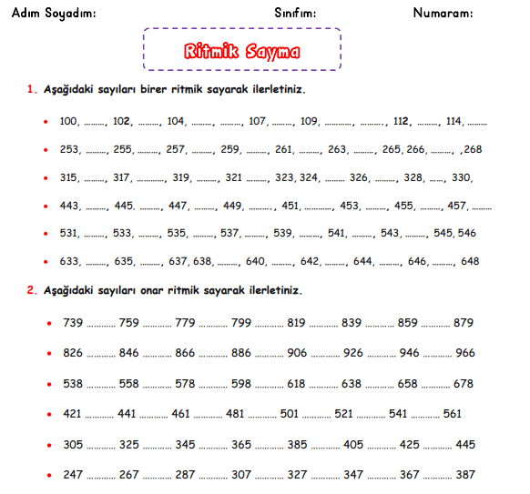 3. Sınıf Ritmik Sayma (1,10,100) Çalışma Sayfası