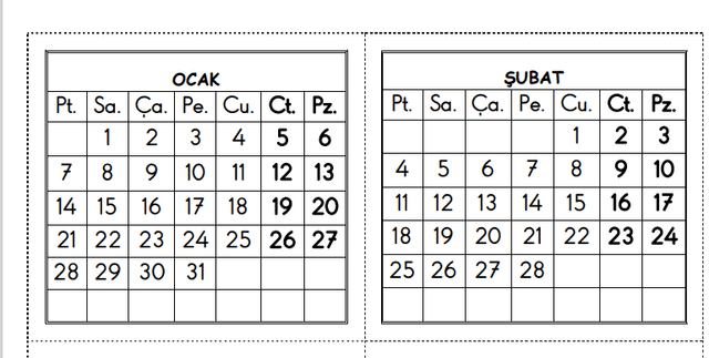 1. Sınıf Matematik 12 Sayfalı Takvim Yapalım