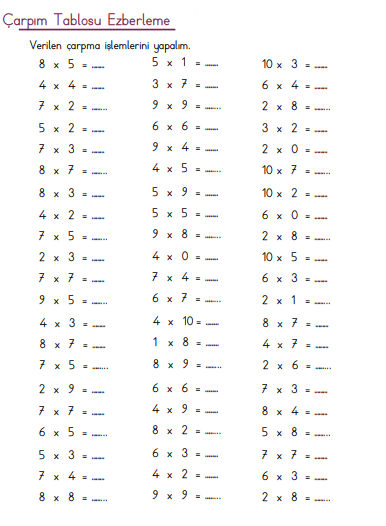 3. Sınıf Çarpım Tablosu Ezberleme Etkinlik Sayfası