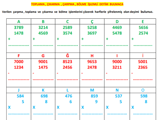 4. Sınıf Matematik Toplama, Çıkarma, Çarpma, Bölme İşlemli Deyim Bulmaca