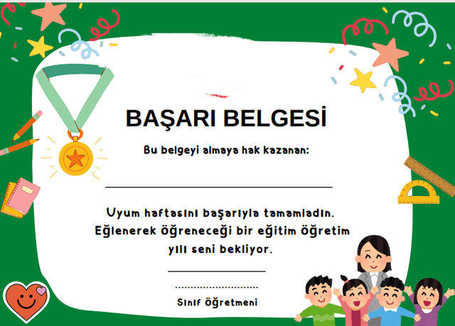 1. Sınıf Oryantasyon Haftası Başarı Belgesi