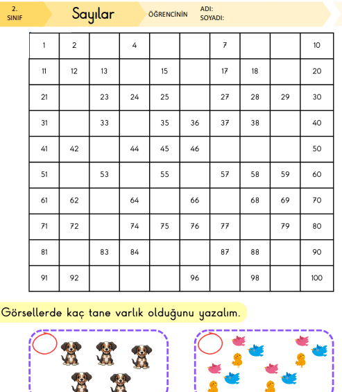 2.Sınıf 100'lük tablo, Nesne sayısı ve sayıların okunuşu ve yazılışı