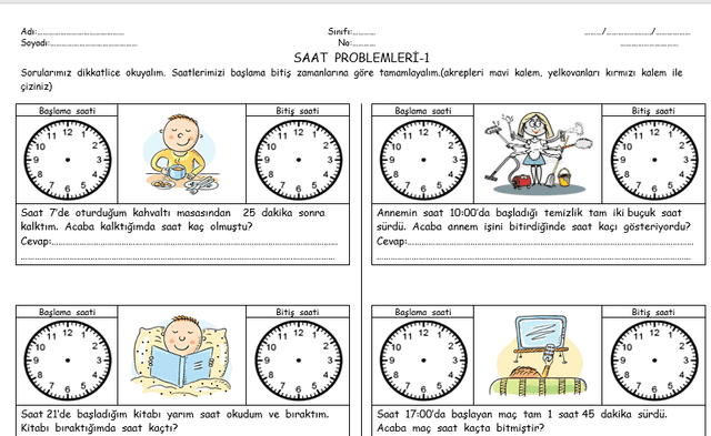 3. Sınıf Matematik Saat Problemleri Pekiştime Etkinliği