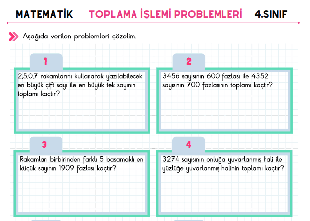 4. Sınıf Matematik Toplama İşlemi Problemleri 