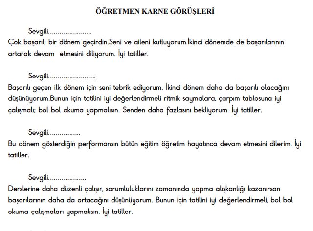 Öğretmen Karne Görüşleri Tüm Kademeler