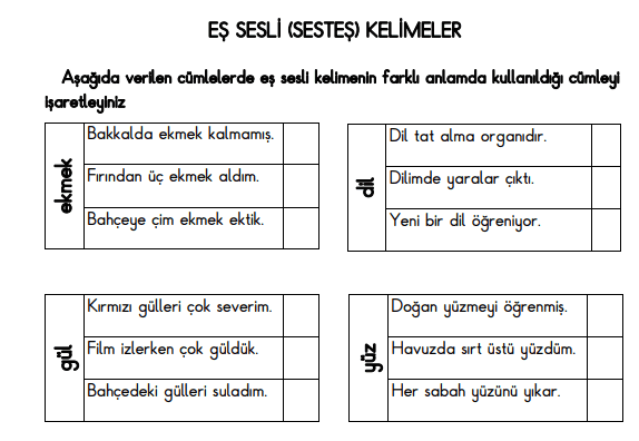 Eş Sesli Kelimeler Ev Ödevi 