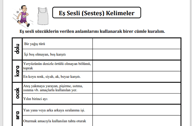  Eş Sesli Kelimeler Etkinliği Ödev