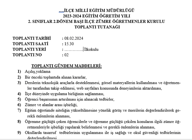 2. Sınıflar 2. Dönem Başı İlçe Zümre Toplantısı Tutanağı (2023-2024)