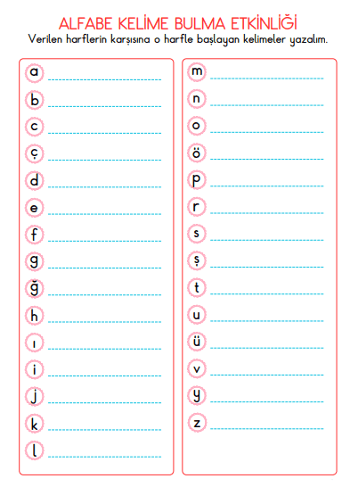 2. Sınıf Türkçe Alfabe İle Kelime Bulma Etkinliği