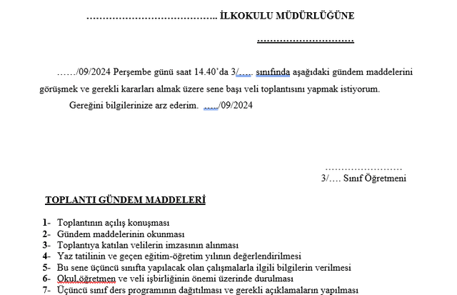 3. Sınıf 1. Dönem Veli Toplantı Tutanağı