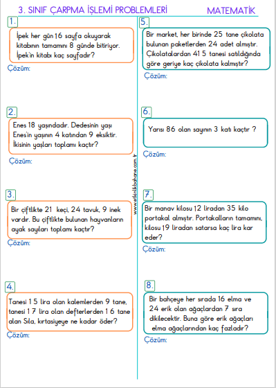 3. Sınıf Çarpma İşlemi Problemleri Ve Çözümü