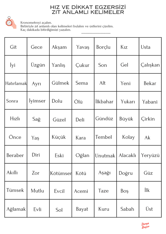 Hız Ve Dikkat Egzersizi Zıt Anlamlı Kelimeler