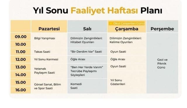 Yıl Sonu Faaliyet Haftası Planı