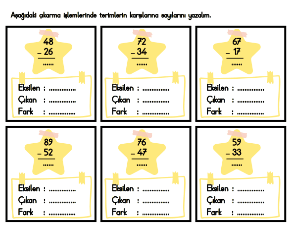 EKSİLEN ,ÇIKAN ,FARK TERİMLER ÇALIŞMASI 2. SINIF