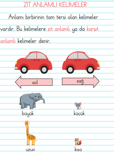 1. Sınıf Zıt Anlamlı Kelimeler Defter Etkinliği 