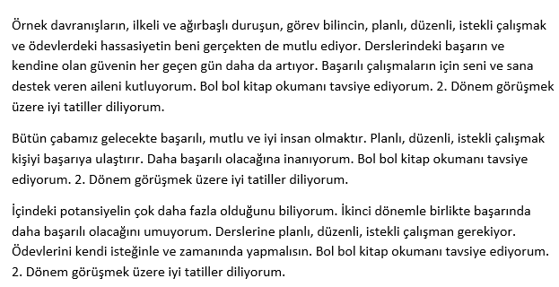 Tüm Sınıflar İçin 1. Dönem Öğretmen Karne Görüşleri