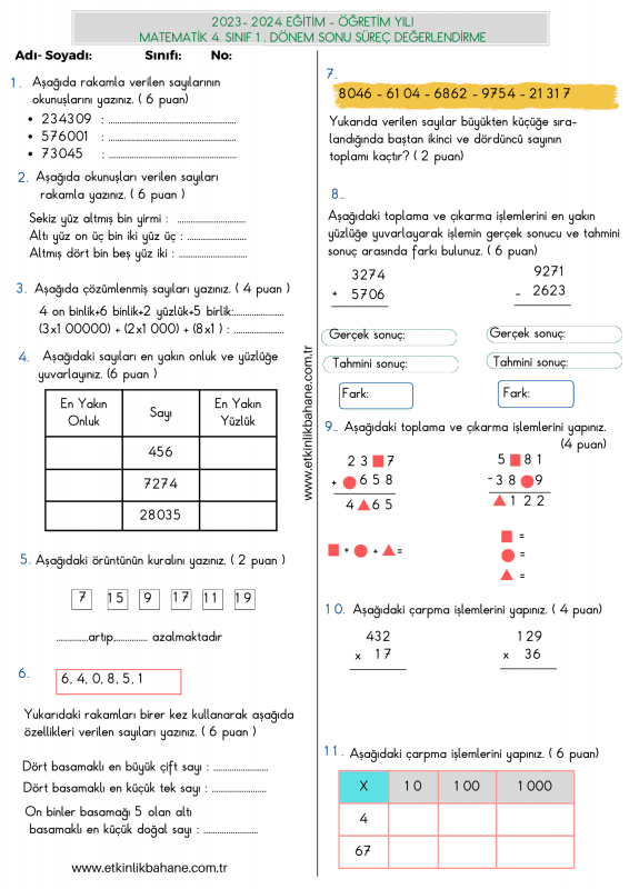 4. Sınıf Matematik 1. Dönem Dönem Sonu Süreç Değerlendirme Sınavı 