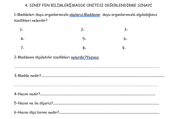 4. Sınıf Fen Bilimleri Madde Ünitesi Klasik Sınav