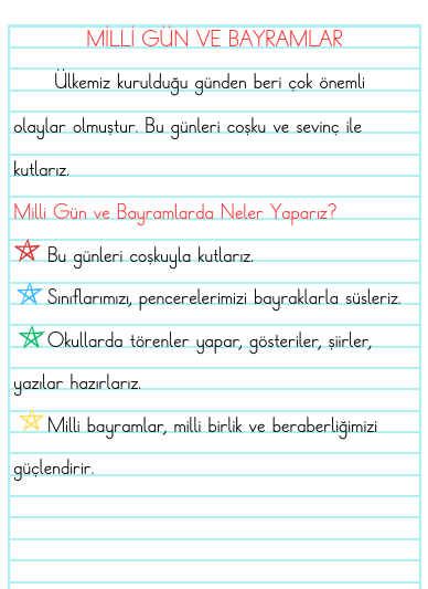 1. Sınıf Milli Gün Ve Bayramlar Defter Notu 