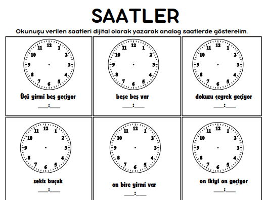 3. Sınıf Matematik Saatler Çalışma Sayfası