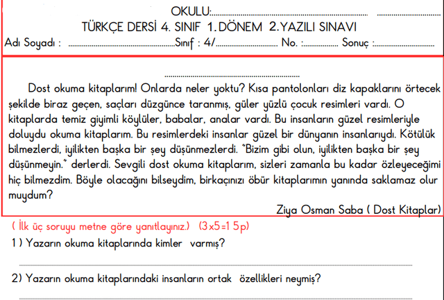 4. Sınıf Türkçe 1. Dönem 2. Süreç Değerlendirme Sınavı 