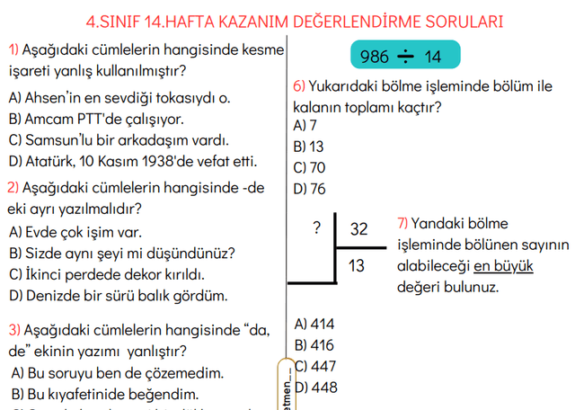 4.SINIF 14.HAFTA KAZANIM DEĞERLENDİRME SORULARI