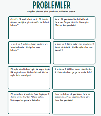 2.sınıf Çıkarma İşlemi Gerektiren Problemler