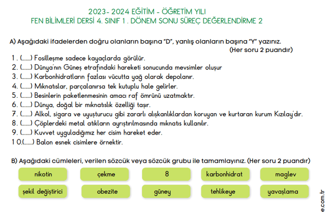 4. Sınıf Fen Bilimleri 1. Dönem 2. Süreç Değerlendirme Sınavı