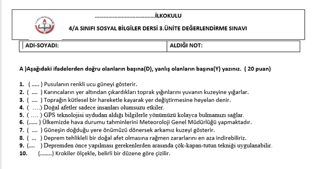 4. Sınıf Sosyal Bilgiler 1. Dönem 2. Süreç Değerlendirme Sınavı 