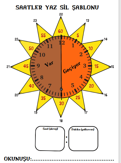 3. Sınıf Matematik Saatler Yaz Sil Şablonu 