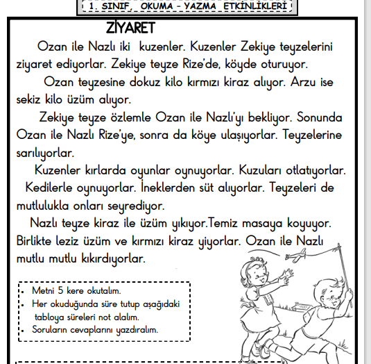 Z sesi, Okuma-Anlama Metni 1. Sınıf 