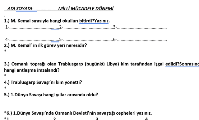 4. Sınıf Sosyal Bilgiler Milli Mücadele Dönemi Klasik Sınav