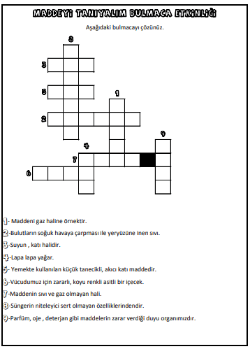3. Sınıf Fen Bilimleri Maddenin Halleri Bulmaca Etkinliği