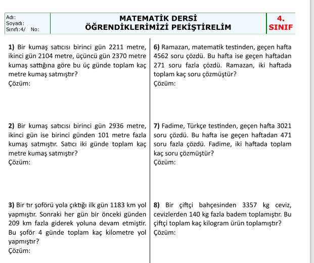 4. Sınıf Matematik Toplama İşlemi Problemleri 2