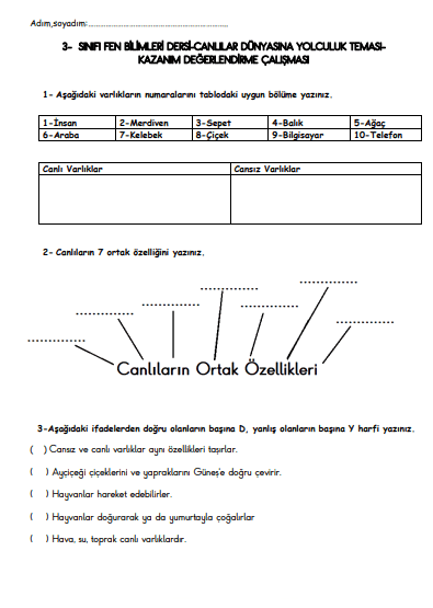 3. Sınıf Fen Bilimleri Canlılar Dünyasına Yolculuk Kazanım Değerlendirme Sınavı