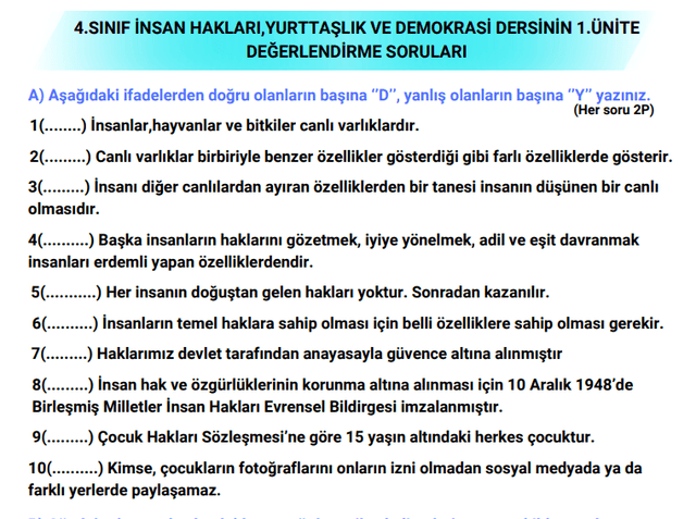 4.SINIF İNSAN HAKLARI,YURTTAŞLIK VE DEMOKRASİ DERSNİN 1.ÜNİTE DEĞERLENDİRME SORULARI