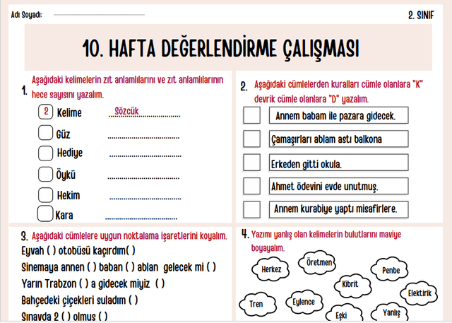 2. Sınıf Haftalık Değerlendirme Çalışması 10.Hafta 