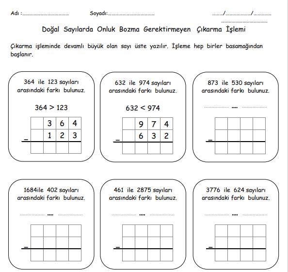 4. Sınıf Matematik Onluk Bozma Gerektirmeyen Çıkarma İşlemleri